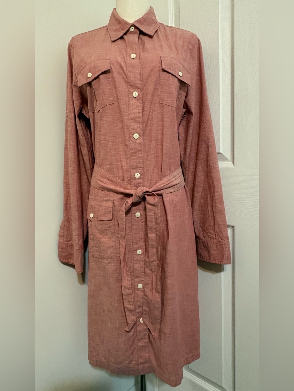 L.L. BEAN, Dusty Rose Long Button Down Shirt Dress with Belt